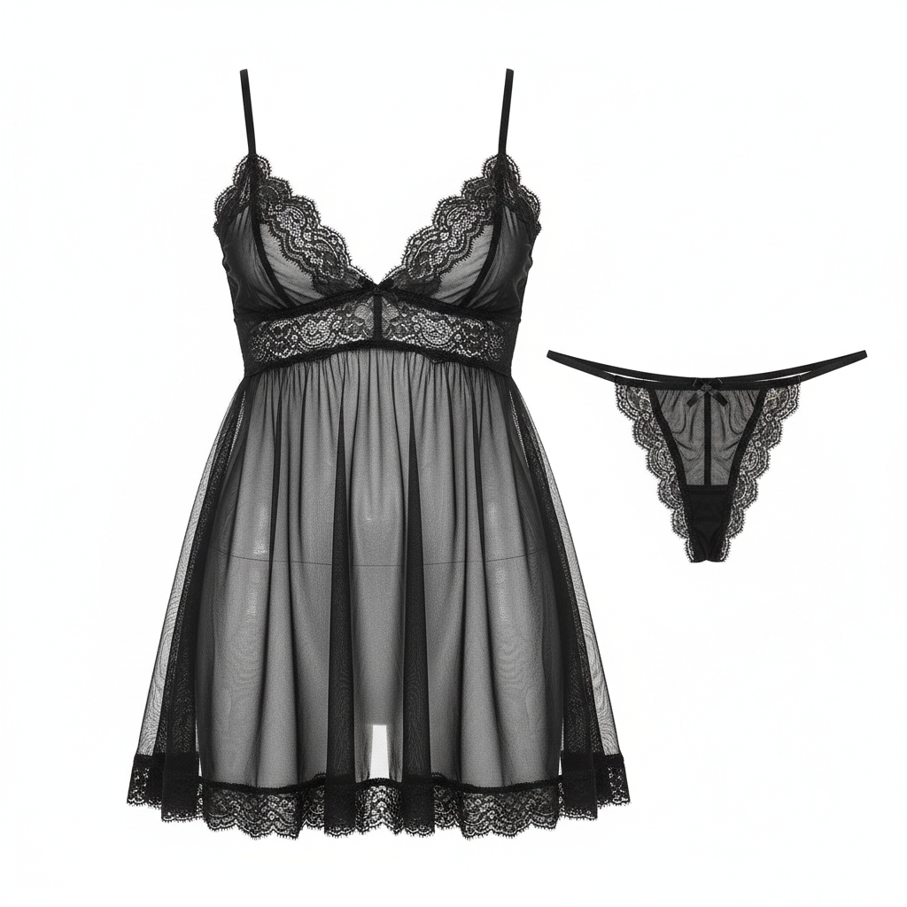 Black Mesh Babydoll Set