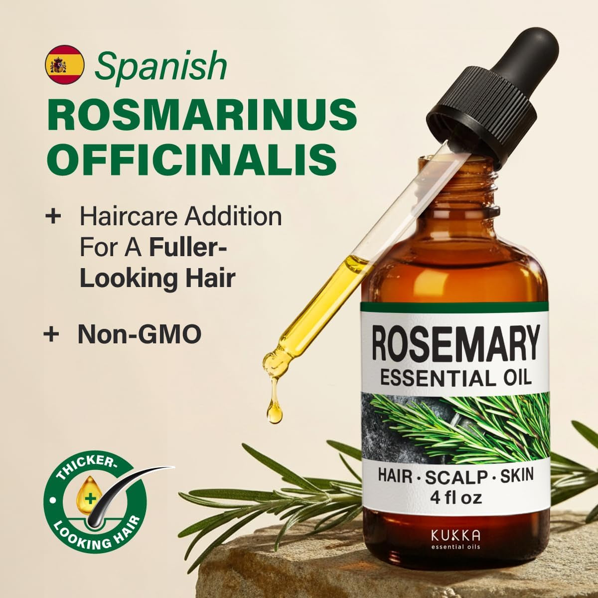 Kukka Rosemary Oil for Hair - 100% Natural Rosemary Hair Oil - Rosemary Essential Oils for Skin, Diffuser & Aromatherapy - Soap Making & DIY (4 Fl Oz).