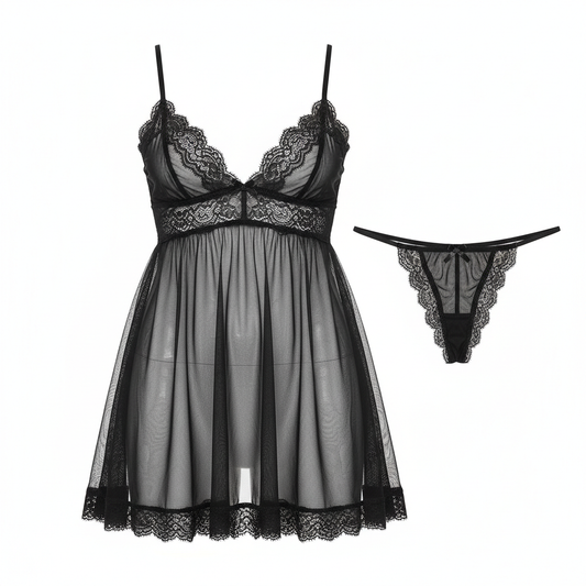 Black Mesh Babydoll Set