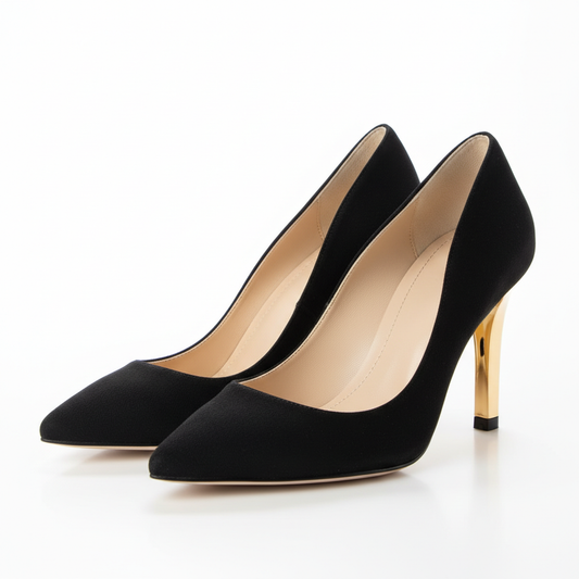 Black Suede Pumps with Gold Heel