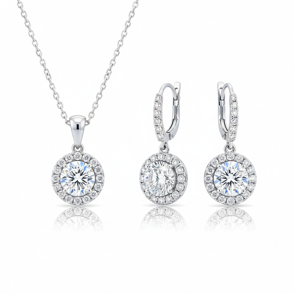 Diamond Halo Necklace and Earring Set